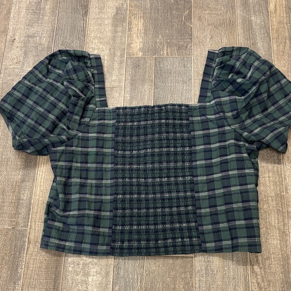 Madewell Hopewell‎ Puff-Sleeve Crop Top Green & Navy Plaid Smocked Back Size M - Picture 6 of 7